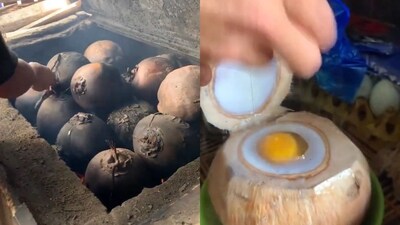 Man making unique coconut egg dish. (X/@VisitUdupi) Man making unique coconut egg dish. (X/@VisitUdupi)
