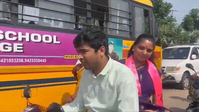 BRS MLA Kavitha riding pillion on a scooter. (X/Swastika Das) BRS MLA Kavitha riding pillion on a scooter. (X/Swastika Das)