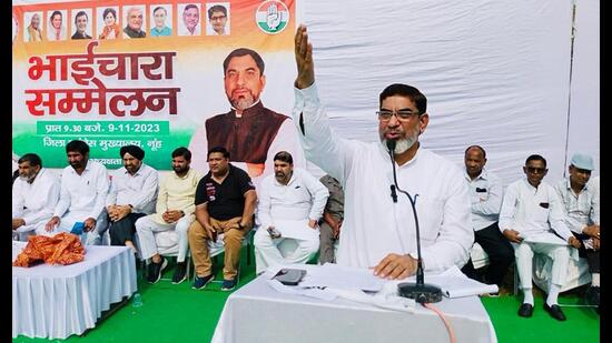 Congress MLA Aftab Ahmed addressing a gathering during the Bhaichara Sammelan in Nuh on Thursday. (HT Photo)