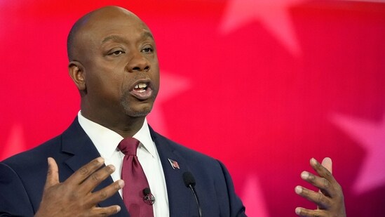 Republican presidential candidate Sen. Tim Scott, R-S.C., speaks during a Republican presidential primary debate hosted by NBC News, Wednesday, Nov. 8, 2023, at the Adrienne Arsht Center for the Performing Arts of Miami-Dade County in Miami (AP Photo/Rebecca Blackwell) (AP)