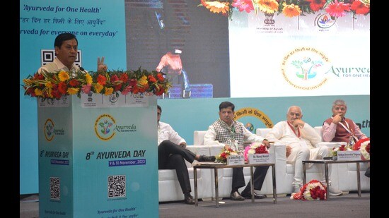 Union AYUSH minister Sarbananda Sonowal addressing a conference at Indradhanush Auditorium in Panchkula. (Sant Arora /HT)