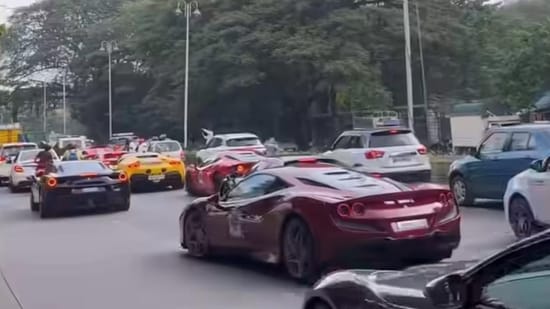 Fleet of Ferrari luxury cars hit Bengaluru traffic wall.