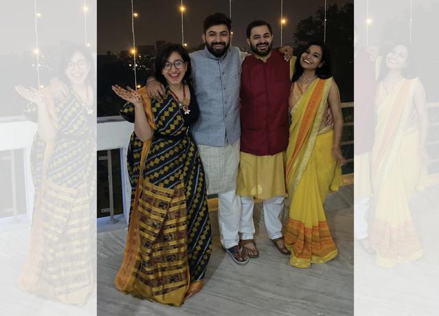 Though Sadaf and Yatin (the couple on the left) aren’t religious, they love the opportunity to dress up and feast with friends, on both Diwali and Eid. Though Sadaf and Yatin (the couple on the left) aren’t religious, they love the opportunity to dress up and feast with friends, on both Diwali and Eid.