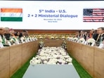 Defence Minister Rajnath Singh, left, and External Affairs Minister Subrahmanyam Jaishankar, second left, hold the "2+2 Dialogue" with U.S. Defense Secretary Lloyd Austin, right, and Secretary of State Antony Blinken, second right in New Delhi, India.