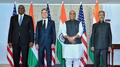 Defence Minister Rajnath Singh with External Affairs Minister S Jaishankar, US Secretary of State Antony Blinken and Secretary of Defense Lloyd Austin ahead of the 5th India-US 2+2 Ministerial Dialogue, in New Delhi on Friday. (ANI Photo) (Arindam Bagchi Twitter) Defence Minister Rajnath Singh with External Affairs Minister S Jaishankar, US Secretary of State Antony Blinken and Secretary of Defense Lloyd Austin ahead of the 5th India-US 2+2 Ministerial Dialogue, in New Delhi on Friday. (ANI Photo) (Arindam Bagchi Twitter)