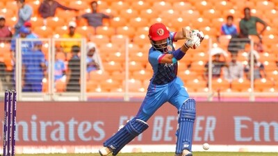 Ahmedabad, Nov 10 (ANI): Afghanistan's Ibrahim Zadran plays a shot during the match against South Africa in the ICC Men's Cricket World Cup 2023, at Narendra Modi Stadium in Ahmedabad on Friday. (ANI Photo)

 (Siddharaj Solanki)