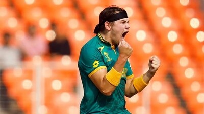 Ahmedabad, Nov 10 (ANI): South Africa's Gerald Coetzee plays a shot during the match against Afghanistan in the ICC Men's Cricket World Cup 2023, at Narendra Modi Stadium in Ahmedabad on Friday. (ANI Photo)

 ( Proteas Men-X)