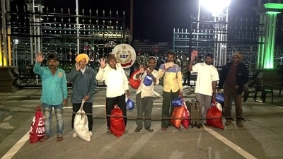 80 Indian fishermen, who were released by Pakistan, entered India via the Attari-Wagah border, on Friday. (ANI)