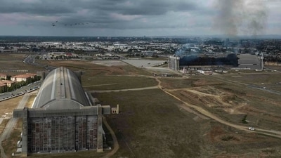 A fire destroyed a massive World War II-era wooden hangar that was built to house military blimps based in Southern California. (AP Photo/Jae C. Hong) (AP)