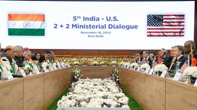 Defence Minister Rajnath Singh, left, and External Affairs Minister Subrahmanyam Jaishankar, second left, hold the "2+2 Dialogue" with U.S. Defense Secretary Lloyd Austin, right, and Secretary of State Antony Blinken, second right in New Delhi, India. (AP) Defence Minister Rajnath Singh, left, and External Affairs Minister Subrahmanyam Jaishankar, second left, hold the "2+2 Dialogue" with U.S. Defense Secretary Lloyd Austin, right, and Secretary of State Antony Blinken, second right in New Delhi, India. (AP)
