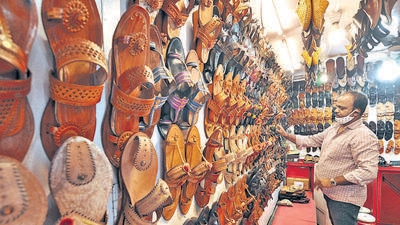 Kolhapur, India - July 20, 2021: Footwear shops at the Shivaji Chowk market in Kolhapur, India, on Tuesday, July 20, 2021. (Anil Velhal/HT Photo) (Hindustan Times) Kolhapur, India - July 20, 2021: Footwear shops at the Shivaji Chowk market in Kolhapur, India, on Tuesday, July 20, 2021. (Anil Velhal/HT Photo) (Hindustan Times)