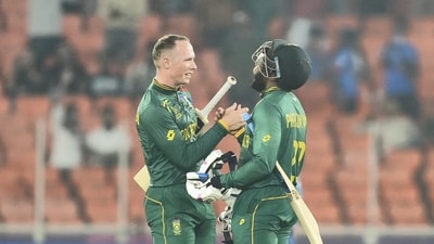 Ahmedabad: South Africa's batters Andile Phehlukwayo Rassie van der Dussen celebrate their win in the ICC Men's Cricket World Cup 2023 match between Afghanistan and South Africa, at Narendra Modi Stadium, in Ahmedabad, Friday. (PTI) Ahmedabad: South Africa's batters Andile Phehlukwayo Rassie van der Dussen celebrate their win in the ICC Men's Cricket World Cup 2023 match between Afghanistan and South Africa, at Narendra Modi Stadium, in Ahmedabad, Friday. (PTI)