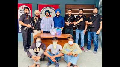 The accused, identified as Jagjeet Singh, Anmol Singh and Manpreet Singh, all residents of Moga, were working on the directions of gangster Lucky Patial, who, according to the police, is operating the gang from Armenia. (HT Photo) The accused, identified as Jagjeet Singh, Anmol Singh and Manpreet Singh, all residents of Moga, were working on the directions of gangster Lucky Patial, who, according to the police, is operating the gang from Armenia. (HT Photo)