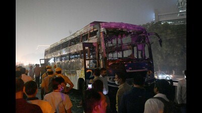 The bus caught fire on Delhi-Jaipur expressway on Wednesday evening. (Parveen Kumar)