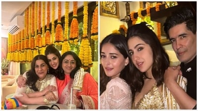 Sara Ali Khan posed with family and friends at her Diwali party. Sara Ali Khan posed with family and friends at her Diwali party.