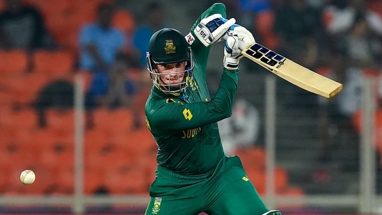 Ahmedabad: South Africa's batter Rassie van der Dussen plays a shot during the ICC Men's Cricket World Cup 2023 match between Afghanistan and South Africa, at Narendra Modi Stadium, in Ahmedabad, Friday, Nov. 10, 2023. (PTI Photo/Arun Sharma) (PTI11_10_2023_000369B)(PTI)