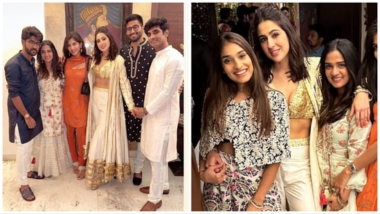Sara Ali Khan did not pose for the paparazzi stationed outside her house but pictures from the party showed a glimpse of her white and golden outfit. She wore a blouse and sharara with a matching shrug.&nbsp;