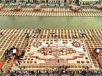 An aerial view of the banks of the Saryu river during the preparations of Deepotsav celebrations, ahead of the Diwali festival, in Ayodhya.