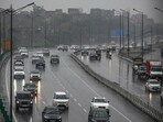 A view of the National Highway 24 Near Akshardham temple during the rain, in New Delhi, India, on Friday, November 10, 2023. (Photo by Raj K Raj/ Hindustan Times)