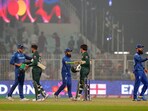 Kolkata: England players exchange greetings with Pakistani batters after winning the ICC Men's Cricket World Cup 2023 match at the Eden Gardens in Kolkata Kolkata: England players exchange greetings with Pakistani batters after winning the ICC Men's Cricket World Cup 2023 match at the Eden Gardens in Kolkata