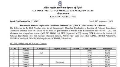 AIIMS (INI-CET) January 2024 results declared, direct link here AIIMS (INI-CET) January 2024 results declared, direct link here