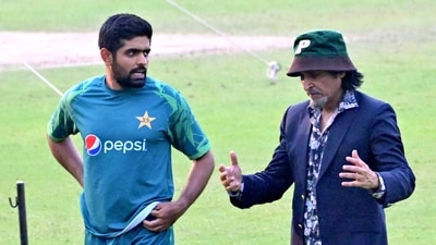 Pakistan captain Babar Azam and former Pakistani cricketer Ramiz Raja in a conversation during a practice session ahead of their match against England in the ICC Men's Cricket World Cup 2023, at Eden Gardens in Kolkata (Bibhash Lodh) Pakistan captain Babar Azam and former Pakistani cricketer Ramiz Raja in a conversation during a practice session ahead of their match against England in the ICC Men's Cricket World Cup 2023, at Eden Gardens in Kolkata (Bibhash Lodh)