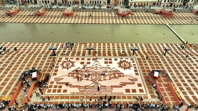 An aerial view of the banks of the Saryu river during the preparations of Deepotsav celebrations, ahead of the Diwali festival, in Ayodhya. (X/ UP Tourism)
