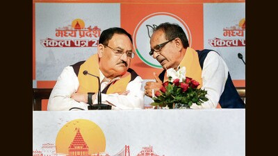BJP president JP Nadda with Madhya Pradesh chief minister Shivraj Singh Chouban in Bhopal on Saturday. (PTI) BJP president JP Nadda with Madhya Pradesh chief minister Shivraj Singh Chouban in Bhopal on Saturday. (PTI)