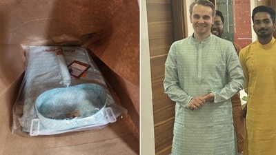 The image shows a German man wearing a kurta that his Indian colleague ordered from Blinkit. (X/@DebarunT) The image shows a German man wearing a kurta that his Indian colleague ordered from Blinkit. (X/@DebarunT)