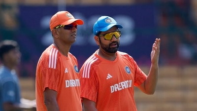 India's Rohit Sharma with coach Rahul Dravid during practice (REUTERS)