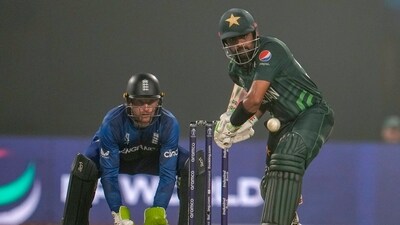 Pakistan's captain Babar Azam plays a shot during the ICC Men's Cricket World Cup match between Pakistan and England in Kolkata (AP)