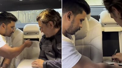 The image shows MS Dhoni signing a fan's car. (Instagram/@bajaj.sumeetkumar)