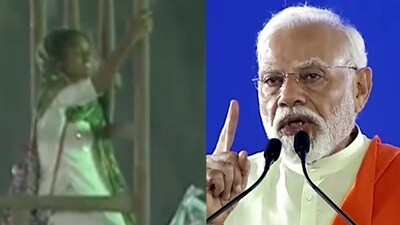 (Left) A woman climbed a light tower during Prime Minister Narendra Modi's rally in Secunderabad. (ANI/X) (Left) A woman climbed a light tower during Prime Minister Narendra Modi's rally in Secunderabad. (ANI/X)
