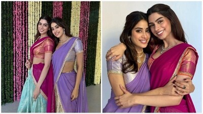 On the occasion of Dhanteras observed on November 10, Janhvi Kapoor and Khushi Kapoor adorned traditional outfits. Janhvi captioned her Instagram post with, "Happy Dhanteras! ✨ 🪔 last pic is me when I ask khushu for one more huggy me pls." (Instagram/@janhvikapoor) On the occasion of Dhanteras observed on November 10, Janhvi Kapoor and Khushi Kapoor adorned traditional outfits. Janhvi captioned her Instagram post with, "Happy Dhanteras! ✨ 🪔 last pic is me when I ask khushu for one more huggy me pls." (Instagram/@janhvikapoor)