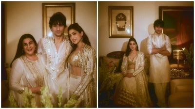 Sara Ali Khan marked Dhanteras festivities with her mother Amrita Singh and brother Ibrahim Ali Khan. The trio sported coordinated outfits designed by the acclaimed duo Abu Jani and Sandeep Khosla. (Instagram/@saraalikhan95) Sara Ali Khan marked Dhanteras festivities with her mother Amrita Singh and brother Ibrahim Ali Khan. The trio sported coordinated outfits designed by the acclaimed duo Abu Jani and Sandeep Khosla. (Instagram/@saraalikhan95)