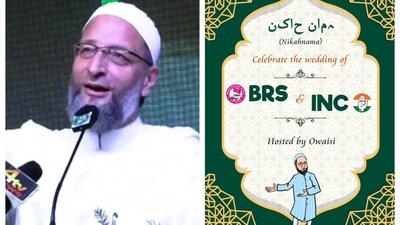 Owaisi reacted to BJP's poster of showing him as Qazi in the wedding of the Congress and the BRS. Owaisi reacted to BJP's poster of showing him as Qazi in the wedding of the Congress and the BRS.