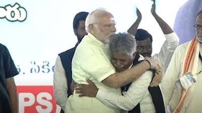 PM Modi hugging and consoling Manda Krishna Madiga who became emotional at the rally in Secunderabad on Saturday.