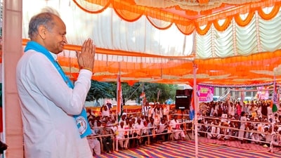 Rajasthan chief minister Ashok Gehlot addresses a public meeting ahead of Assembly polls, in Bhinmal on Thursday. (PTI)