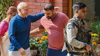 New Delhi: Former Delhi deputy chief minister Manish Sisodia reaches his residence from Tihar Jail to meet his ailing wife after permission from a city court. (PTI) New Delhi: Former Delhi deputy chief minister Manish Sisodia reaches his residence from Tihar Jail to meet his ailing wife after permission from a city court. (PTI)