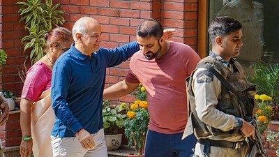 Former Delhi deputy chief minister Manish Sisodia reaches his residence from Tihar Jail to meet his ailing wife after permission from a city court, in New Delhi. (PTI) Former Delhi deputy chief minister Manish Sisodia reaches his residence from Tihar Jail to meet his ailing wife after permission from a city court, in New Delhi. (PTI)