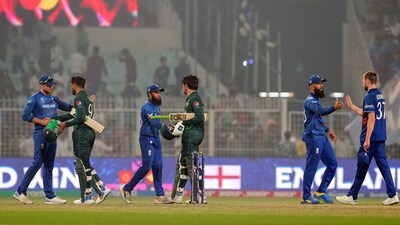Kolkata: England players exchange greetings with Pakistani batters after winning the ICC Men's Cricket World Cup 2023 match at the Eden Gardens in Kolkata (PTI) Kolkata: England players exchange greetings with Pakistani batters after winning the ICC Men's Cricket World Cup 2023 match at the Eden Gardens in Kolkata (PTI)