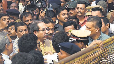 Thane, India - November,11, 2023: After the Shiv Sena shakha in Mumbra was destroyed by the CM Shinde faction, when ShivSena chief Uddhav Thackeray came to visit the ShivSena shakha ,in Thane, in Mumbai, India, on, Saturday, November ,11, 2023. ( Praful Gangurde / HT Photo ) Thane, India - November,11, 2023: After the Shiv Sena shakha in Mumbra was destroyed by the CM Shinde faction, when ShivSena chief Uddhav Thackeray came to visit the ShivSena shakha ,in Thane, in Mumbai, India, on, Saturday, November ,11, 2023. ( Praful Gangurde / HT Photo )