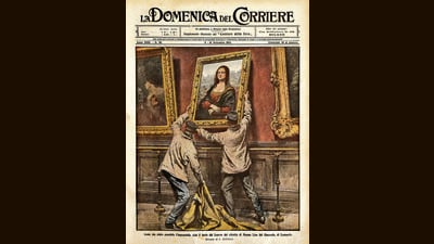 The theft of Leonardo da Vinci’s Mona Lisa as illustrated by Achille Beltrame for the Italian weekly La Domenica del Corriere, in 1911. (The real painting is, of course, significantly smaller.) (Getty Images) The theft of Leonardo da Vinci’s Mona Lisa as illustrated by Achille Beltrame for the Italian weekly La Domenica del Corriere, in 1911. (The real painting is, of course, significantly smaller.) (Getty Images)
