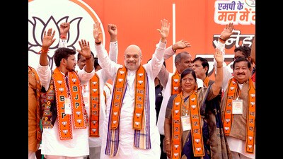 Union Home Minister Amit Shah at a public meeting in Dhar district on Saturday. (PTI)