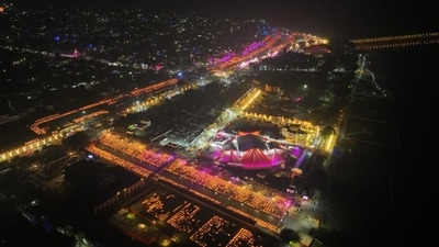 Expressing gratitude, Uttar Pradesh chief minister Yogi Adityanath on Saturday specifically acknowledged the efforts of 25,000 volunteers who had dedicated the past four days to make the Deepotsav celebration truly grand. (Sourced HT Photo)