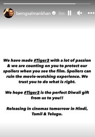 Salman Khan's post on Tiger 3. Salman Khan's post on Tiger 3.