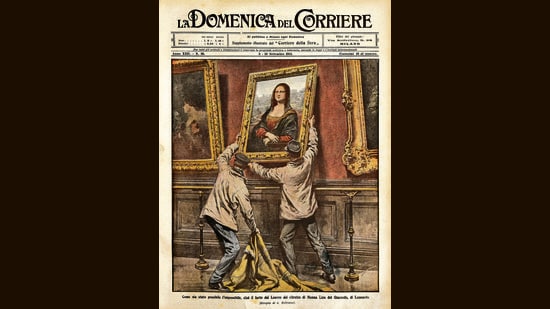 The theft of Leonardo da Vinci’s Mona Lisa as illustrated by Achille Beltrame for the Italian weekly La Domenica del Corriere, in 1911. (The real painting is, of course, significantly smaller.) (Getty Images)