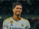 Real Madrid's Jude Bellingham smiles during a Spanish La Liga soccer match between Real Madrid and Rayo Vallecano at the Santiago Bernabeu stadium in Madrid, Spain, Sunday, Nov. 5, 2023. (AP Photo/Manu Fernandez)