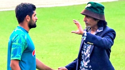 Pakistan captain Babar Azam and former Pakistani cricketer Ramiz Raja in a conversation during a practice session ahead of their match against England in the ICC Men's Cricket World Cup 2023, at Eden Gardens in Kolkata on Friday. (Bibhash Lodh) Pakistan captain Babar Azam and former Pakistani cricketer Ramiz Raja in a conversation during a practice session ahead of their match against England in the ICC Men's Cricket World Cup 2023, at Eden Gardens in Kolkata on Friday. (Bibhash Lodh)
