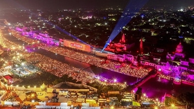 An aerial view of the 'deepotsav' program in Ayodhya (ANI) An aerial view of the 'deepotsav' program in Ayodhya (ANI)